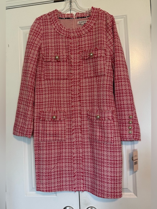 Nanette Lepore Dresses & Skirts - NWT Nanette Lapore SZ 12 Pink Tweed Long Sleeve Dress Faux Pearl Buttons